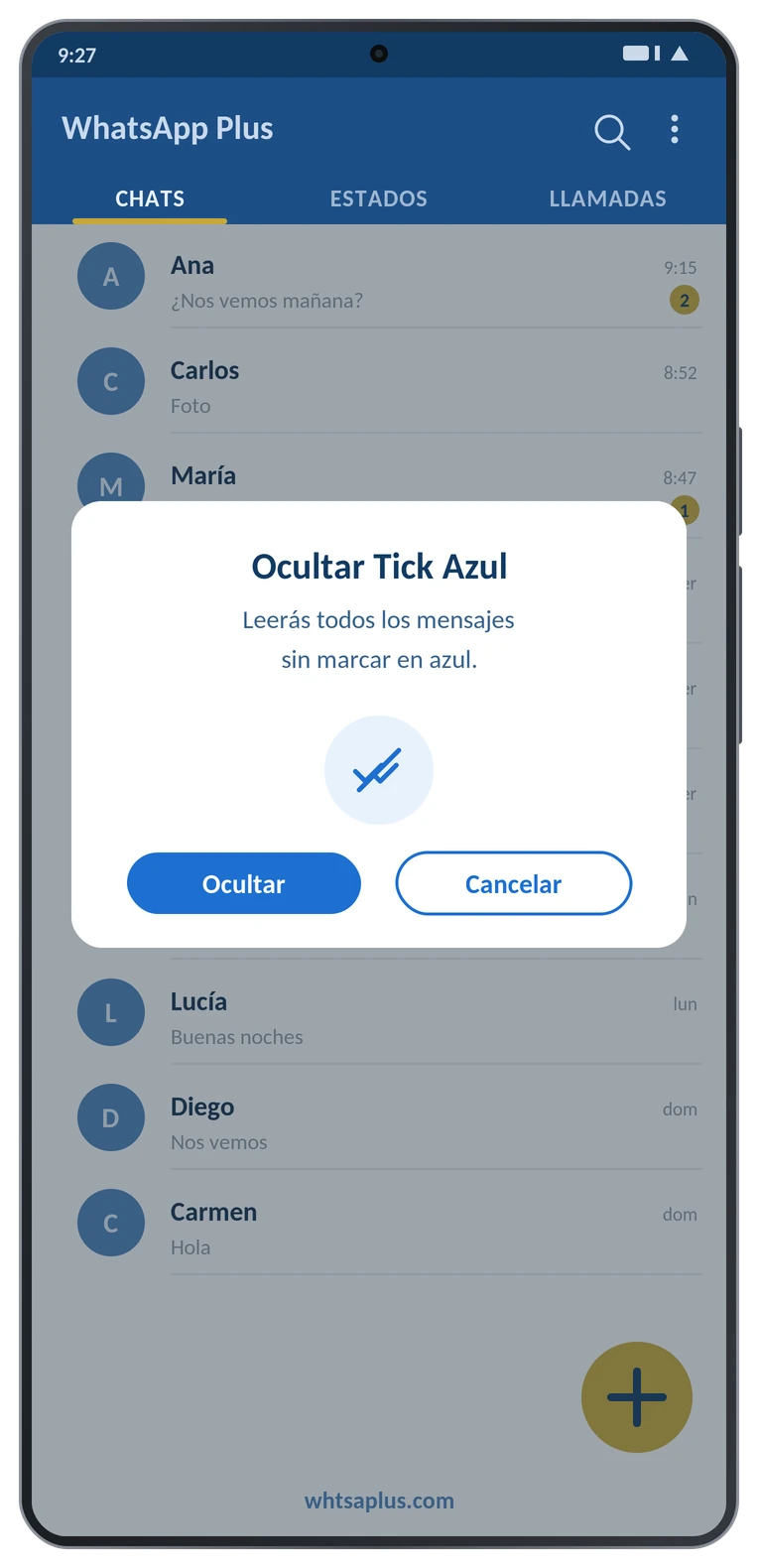 Ocultar tick azul en WhatsApp Plus